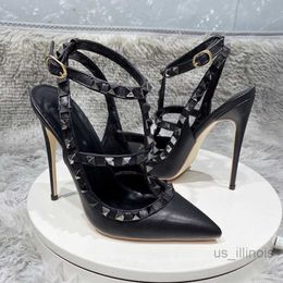 Dress Shoes 2023new 10cm women's sexy high Black rear hollow pointed heels patent leather metal hollow Roman fashion sandals