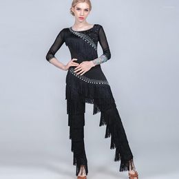 Stage Wear Latin Dance Costume For Women Full Fringe Suit Rhinestone Clothes Standard Ballroom Rave Black BL1725