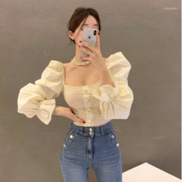Women's T Shirts Fairy Square Collar Bubble Sleeve Long Ruffled Edge Wipe Chest Single Breasted Small Fragrance Age Reducing Doll Top