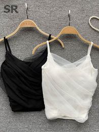 Camisoles Tanks SINGREINY Ruched Mesh Camisole Underwear Autumn Strap Summer Outwear French Style Lady Slim Backless Sexy Fashion Tank Tops 230503