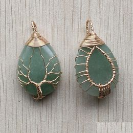 Charms Gold Colour Green Aventurine Wire Wrap Handmade Tree Of Life Natural Stone Pendants Diy Necklace Jewellery Making Drop Delivery Dhva4