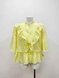 Women's Blouses Woman White Yellow Lace Tops Half Sleeved Ruffled Detail V-neck Fashion Short Blouse