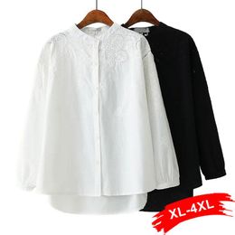 Tops Plus Size Hollow Out Embroidery Asymmetric White Cotton Blouse 4xl Vintage Button Up Long Sleeve Casual Shirt Ins Chi Tops Blusa