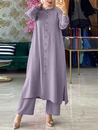 Sets ZANZEA Women Abaya Fashion Muslim Sets Autumn Long Sleeve Blouse Loose Wide Leg Pants Ensembles Musulmans Islamic Clothing Sets