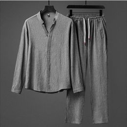 Chinese Style Men's Tang Suit Tracksuit Set - Long Sleeve plain shirts for men and Breathable V-Neck Pants - Autumn Casual Sports Two-Piece (Style 230503)
