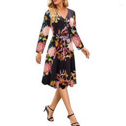 Casual Dresses Long Sleeve V-Neck Floral Print Midi Women Dress Fashion Fall Winter Clothing Slim Elegant Button Female Vestidos