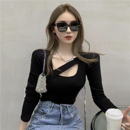 Women's T Shirts Long Sleeve Hollow Out Slim Fit T-shirt Women's Solid Colour Short Sexy Bottomed Tee Shirt Femme Women Top Tshirt Tops