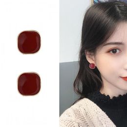 Stud Earrings Square Korean Glaze Burgundy Earring For Women Simple Geometric 2023 Trend Jewelry Party Gifts