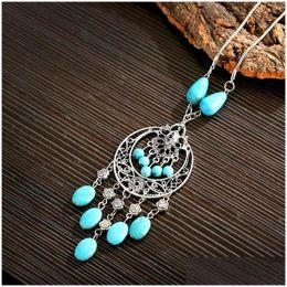 Pendant Necklaces Bohemian Ethnic Blue Natural Stone Tassel Choker Necklace For Women Geometric Hollow Sier Color Chain Drop Dhgarden Dhyyi