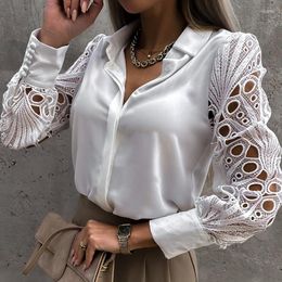 Women's Blouses White Lace Patchwork Shirt Top Woman Spring Summer Casual Long Sleeve Shirts For Women 2023 Vintage Hollow Out Button