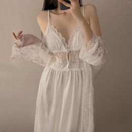 Women's Sleepwear Bride Lace Robe Set White Women Bathrobe Gown Suit Sexy Nightgown Wedding Kimono Summer Satin Home Dress Loungewear