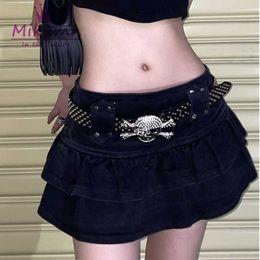 Skirts Harajuku Women Jeans Skirt Belt Mini Skirts Gothic Punk Fashion Girls Low Waist Ruffles Denim Skirt With Shorts Y2K Streetwear P230422