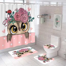 Curtains Cartoon Owl Bath Curtain Waterproof 3D Print Bath Mat Set Toilet Rugs Antislip Carpet Home Decoration Shower Curtain With Hooks