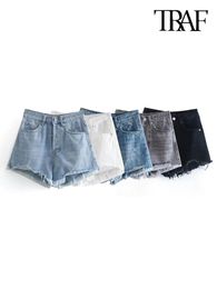 Women's Shorts TRAF Women Fashion With Pockets Frayed Hem Denim Shorts Vintage High Waist Button Fly Female Short Pants Mujer 230503