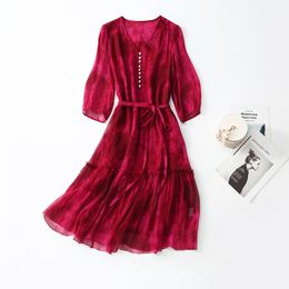 2023 Summer Red Single-Breasted Belted Silk Dress 3/4 Sleeve V-Neck Buttons Knee-Length Casual Dresses C3A255039