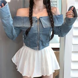 Women's Blouses H.sa Vintage Loose Slash Neck Denim Shirt Woman Sexy Korean Long Sleeves Zipper Tops Jeans Short Top Summer Preppy