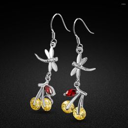 Dangle Earrings Creative 925 Silver Women's Cubic Zircon Pendant Dragonfly/Cherry Design Cute Jewelry Original Earring Gift