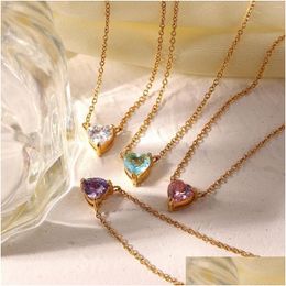 Pendant Necklaces European And American Ins Style Stainless Steel Necklace Purple/Pink/Blue/White Heart Shaped Zircon Women Dhgarden Dhejf