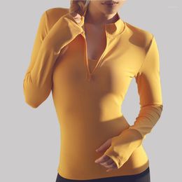 Women's T Shirts Sport Long Sleeve Shirt Women Cropped Top Half Zipper Solid Quick Dry Gym Fitness Womens Tracksuits With Thumb Hole Workout