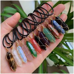 Pendant Necklaces Gold Colour Copper Wire Wrap Natural Stone Pendum Reiki Healing Crystal Necklace Hexagonal Amethyst Pink Quartz Cha Dhwry