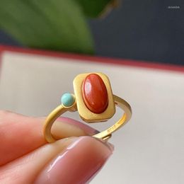 Cluster Rings Exquisite Artistic Style Southern Red Tourmaline Square For Women Inlay Turquoise Simple Charm Jewelry Adjustable