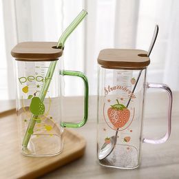 Water Bottles 350ML lovely glass cups square water cup heatresistant milk juice beverage mug with lid and straw coffee mugs wine glass set 230503