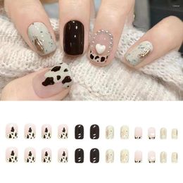 False Nails 24Pcs Faux Pearl Rhinestone Fake Nail With Glue Exquisite Cow Pattern Paste Easily DIY Removable 3D Art Decor