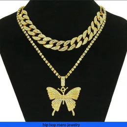hip hop necklace for mens gold chain iced out cuban chains Hip Hop Jewelry Women's Micro Inlaid Rhinestone Cuban Chain Big Butterfly Set Collar Chain Neckchain