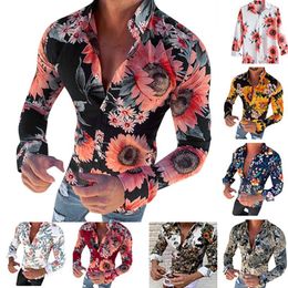 Men's Casual Shirts 2023 Designs Stylish Long Sleeve Autumn Button-Down Mens Shirt Top Fashion Holiday Yellow Floral Print For Men