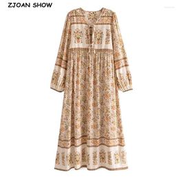 Casual Dresses 2023 Autumn Bohemia Bandage Tie Bow V Collar Khaki Flower Print Women Midi Dress BOHO Long Sleeve Holiday Robe Beach