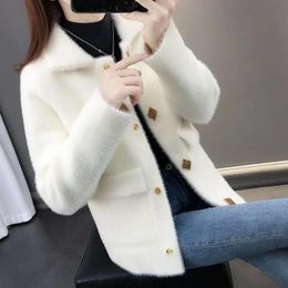 Sweaters Elegant Mink Cashmere Sweater Cardigan Women Winter 2022 Korean Fleece Knitted Jacket Female Casual Lapel Single Breasted Coat