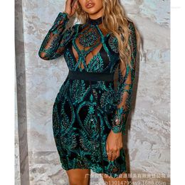 Casual Dresses Women's Dress Sexy Lace Mesh See-through Sequined Embroidered Long Sleeve O-Neck Slim High Waist Mini