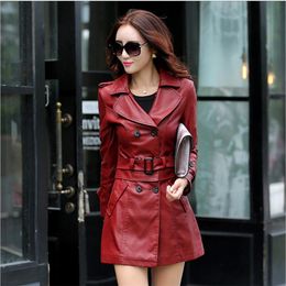 Jackets Hot 2022 Spring Autumn New Women Long Leather Jacket Slim Oversize Bow Belt Motorcycle PU Coat Female Trench