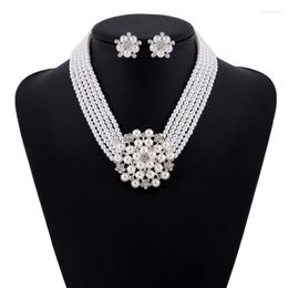 Pendant Necklaces Wedding Bride Necklace Sets Multi-layer Simulated-pearl Chain Big Flower Women For Party