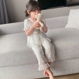 Pajamas Girls' Cotton Pajamas Summer Suits Solid Color Princess Style Home Clothes Lace Mesh Yarn Decoration Girls Nightdress 230503