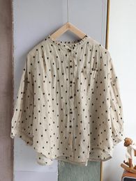 Women's Blouses 138cm Bust / Spring Autumn Women All-match Japanese Style Loose Plus Size Polka Dots Comfortable Ramie Shirts/Blouses 880055