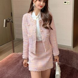 Two Piece Dress Fall Winter Small Fragrance 2 Piece Sets High Quality Korean Fashion Vintage Tweed Two Piece Set Women Jacket Coat Skirt Suits 230503