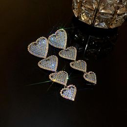 Dangle Earrings DREJEW Blue Rhinestone Drop Shiny Long Tassel Heart Love Gold Colour Party Wedding Jewellery For Women