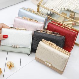 Wallets 2023 Pearl Trifold Women Short Soft Leather Ladies Purse Clamp Designer Coin Pocket Card Holder Female Wallet