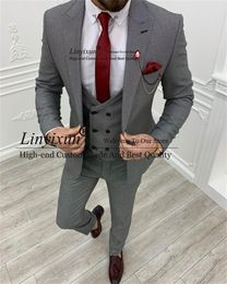 Men's Suits & Blazers Grey Tweed Mens Suit For Wedding Slim Fit Groom Tuxedos 3 Pieces Set Traje Hombre Business Man Blazer Masculino Costum
