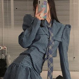 Work Dresses 2023 Spring Autumn Houndstooth Suit Skirt For Women Vintage Puff Sleeve Short Jacket Ruffles High Waist A-line Sets