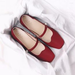 Dress Shoes 2023 Summer Retro Mary Janes Genuine Leather Women Square Toe Pearl Buckle Strap Pumps Shallow Leisure Low Heels