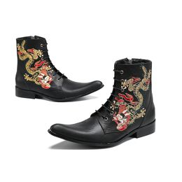 Original Black Pointed Toe Short Boots Fashion Big Size Embroidery Oxfords Boots Chinese Style Men Genuine Leather Brogue Boots