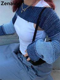 T-Shirt Zenaide 2022 Y2K Patchwork Knitted Crop Smock Top Long Sleeve Jumpers Crochet Women Vintage T Shirt Summer Streetwear Aesthetic
