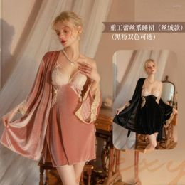 Women's Sleepwear Autumn And Winter Gold Velvet Lace Stitching Hollow Back Sexy Robe Set Home Clothing Nightwear Sets 2 Pcs