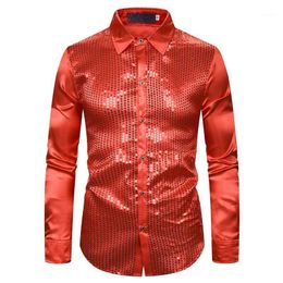 Men's Casual Shirts Handsome Cool Sequins Show Nightclub DJ Magic Street Dance Men Host Emcee Bronzing Lapel Long-sleeved Shirt