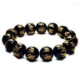 Strand 6-20mm Tibetan Buddhist Prayer Buddha Bracelets Women Men Jewelry Carved Om Mani Padme Hum Black Agates Beads Elastic Bangles