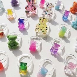 Band Rings INS Cute Transparent Resin Bear For Women Stylish Candy Color Acrylic Aesthatic Wholesale Jewelry 2022 New Y23