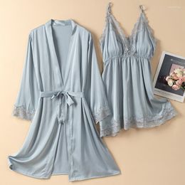 Women's Sleepwear Sexy Lace Twinset Robe Set Women Bathrobe Gown Suit Summer Kimono Lingerie Nightdress Rayon Home Wear Clothing