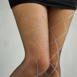 Women Socks Sexy Summer Diamond Rhinestone Pantyhose Elastic High Waist See-Through Thin Stockings Stretchy Tights Leggings